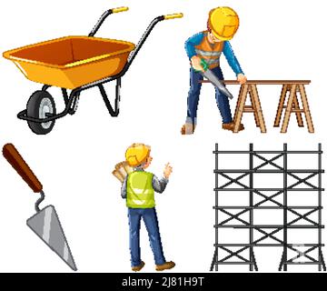 Satz von Baustellen Objekte und Arbeiter Illustration Stock Vektor
