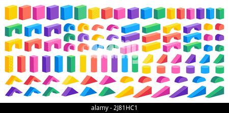Isometrischer Blockkonstruktor. Cartoon bunte Gebäude Puzzle für Kinder, Kunststoffwürfel Zylinder und Kegel Stock Vektor