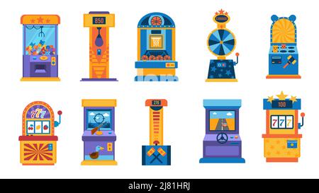 Retro-Spielautomat. Gaming-Computer, Mini-Basketball, Kranmaschine und Retro-Glücksspiel-Unterhaltungsgerät. Vector 90s Retro-Maschinensatz Stock Vektor