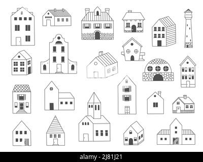 Doodle House. Niedliche Hütte Holzgebäude, lustige handgezeichnete Hütte und Scheune Skizze. Vector Dorf ländlichen Haushalt isoliert gesetzt Stock Vektor