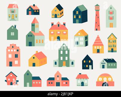 Doodle farbige Häuser. Abstrakt handgezeichnete Linie Cottage Häuser und ländliche Bauernhäuser, niedliche kleine Nachbarhäuser. Vektor-isolierter Satz Stock Vektor