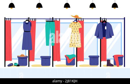 Ankleidezimmer anzeigen. Kleidung und Schuhgeschäft leere Umkleidekabinen mit Spiegeln und Vorhängen. Vektorgrafik Stock Vektor