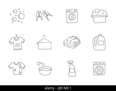 Handgezeichnete lineare Vektorsymbole für die Wäsche Stock Vektor