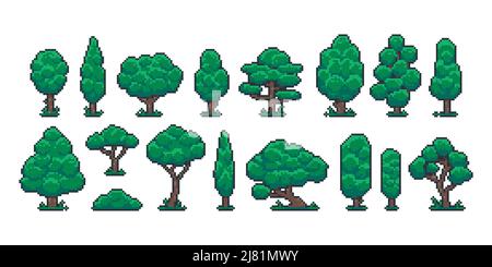 Pixelbäume. Cartoon 8 bit retro Spiel Natur Pflanze und Umwelt Objekt, Videospiel Sprite Asset. Vektor Wald Landschaft Elemente isoliert gesetzt Stock Vektor