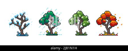 Pixelbaum würzen. 8 Bit Frühling Sommer Herbst und Winter Cartoon Baum für Retro-Videospiel. Vektor grün und weiß Gartenpflanze Stock Vektor