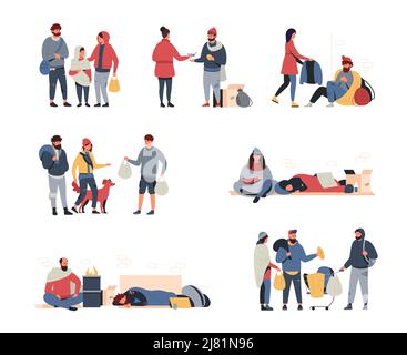 Obdachlose. Cartoon arme Familie, hungrige und schmutzige Kind Mann und Frau betteln und auf der Suche nach Nahrung und Unterkunft. Vektor Personen der Armut gesetzt Stock Vektor