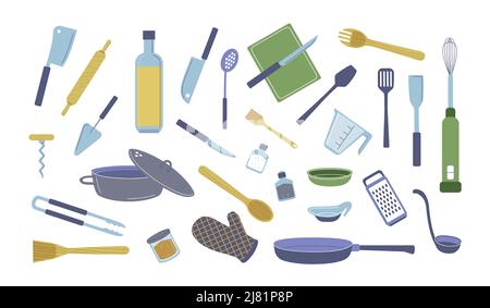 Set mit Küchengeräten. Küchengeräte und -Geräte, Cartoon-Kochgerät und Utensilien. Vector Kochgeschirr isolierte Kollektion Stock Vektor