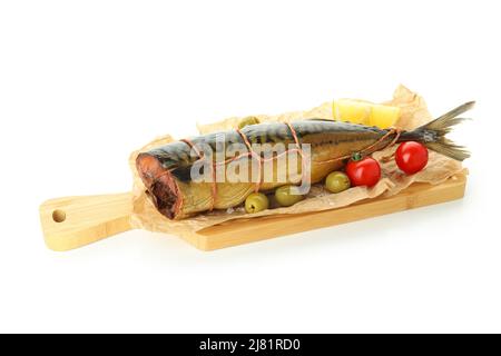 Leckere geräucherte Makrele isoliert auf weißem Hintergrund Stockfoto