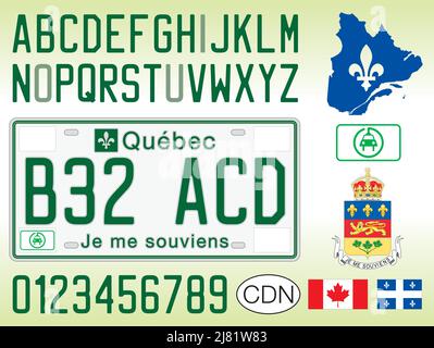 Quebec grünes Elektroauto-Nummernschild, Kanada, Buchstaben, Zahlen und Symbole, Vektorgrafik Stock Vektor