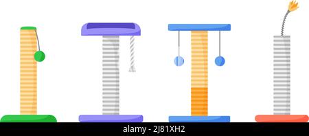 Kratzstütze eingestellt. Seilpfosten für Katzen zum Schärfen von Krallen. Katzenbaum mit Spielzeug. Verbrauchsmaterialien und Zubehör für Haustiere. Vektor mit flachem Stil Stock Vektor