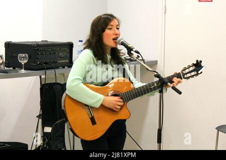 Lancement de la Saison culturelle de l'Alliance française de Paris avec Clémence à la guitare et Exposition collective de peintures Stockfoto