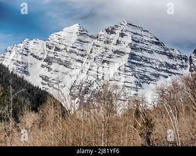 Die Gipfel der Maroon Bells ragen im Frühjahr über die Gipfel der Espenbäume. Stockfoto