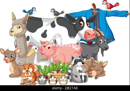 Gruppe von Nutztieren, die an der Vogelscheuche sitzen Stock Vektor