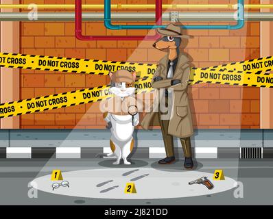 Detective Katze und Hund auf der Suche nach Hinweisen in Vorlage Illustration Stock Vektor