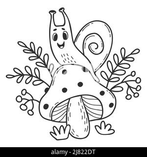 Niedliche Schnecke auf Pilz-Toadstool. Linearer, handgezeichneter Doodle. Vektorgrafik. Lustige Waldmollusk - Charakter von kleinen Schnecke auf Fliege agaric und le Stock Vektor