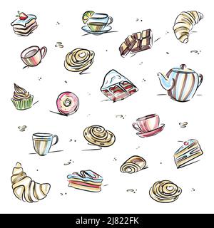 Set aus hausgemachten Kuchen mit Getränken im Doodle-Stil Stock Vektor