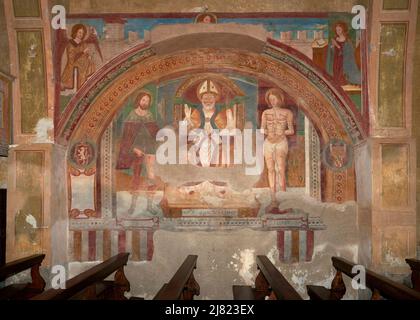 San Rocco,San Gottardo,San Sebastiano e Annunciazione - affresco - pittore bresciano del XVI secolo - Nigoline (Bs) ,Italia,chiesa di S. Eufemia Stockfoto