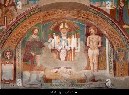 San Rocco,San Gottardo e San Sebastiano - affresco - pittore bresciano del XVI secolo - Nigoline (Bs) ,italia,chiesa di S. Eufemia Stockfoto