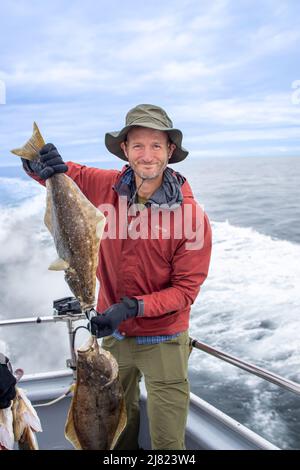 Deep sea hallibut Angeln, das Sizzler, Rainbow Tours, Homer, Alaska, USA Stockfoto