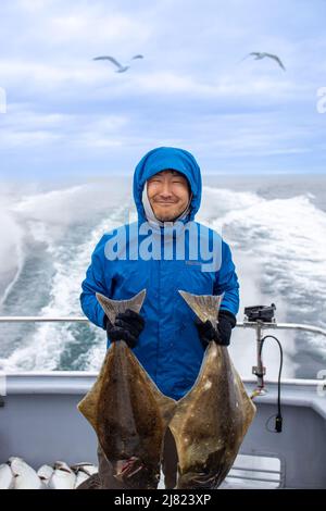 Deep sea hallibut Angeln, das Sizzler, Rainbow Tours, Homer, Alaska, USA Stockfoto