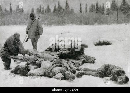 An der finnischen Nordfront im russisch-finnischen Krieg zeigen gefrorene russische Leichen, die auf dem Boden liegen, die schreckliche Kälte, in der die gegnerischen Armeen kämpfen mussten. Finnland, Europa, Soldat des Ersten Weltkriegs Soldaten des Ersten Weltkriegs. Vom 31. Dezember 1939. Stockfoto