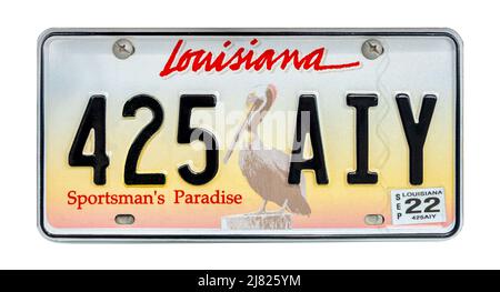 Louisiana-Nummernschild; Kfz-Kennzeichen. Louisiana-Nummernschild. Sportman's Paradise Nummernschild. Louisiana-Kennzeichen. USA-La. La USA Stockfoto