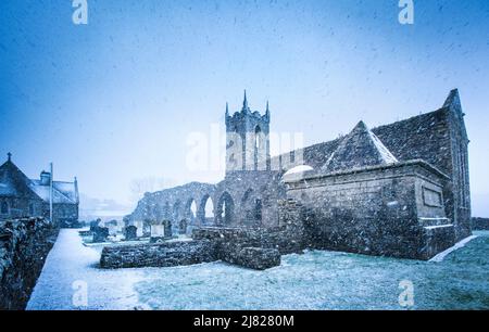 Ruinen einer romanischen irischen Abtei im Schnee, Baltingglass Abbey, County Wicklow, Irland Stockfoto