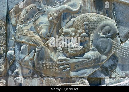 Persepolis, Iran - Fragment der Wandrelieftafel, auf der ein Löwe den Stier vom Treppenhaus aus im Palast von Xerxes angreift, der sich in den Ruinen der antiken Stadt Persepolis, der zeremoniellen Hauptstadt des Achämenidenreiches, in der Provinz Fars, Iran, befindet. Archivbild aus dem Jahr 1976 Stockfoto