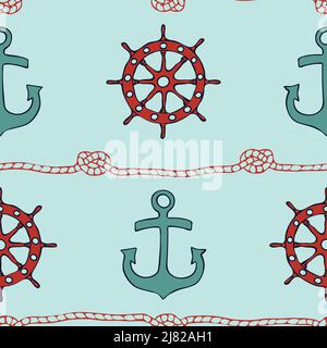 Nahtloses Vektormuster mit Schiffsrad und Anker auf aquablauem Hintergrund. Einfaches marine Tapeten-Design. Dekorative nautische Mode Textil. Stock Vektor