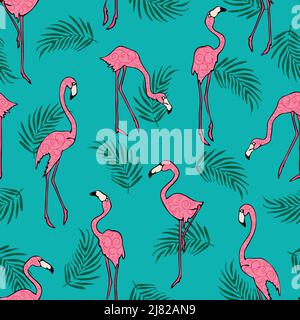 Nahtloses Vektor-Muster mit rosa Flamingos auf blauem Hintergrund. Schlichtes tropisches Vogel-Tapetendesign. Dekorative Strandmode Textil. Stock Vektor