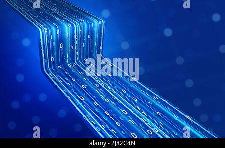 Hochgeschwindigkeitsdatenübertragung. Big-Data-Visualisierung, Internet-Technologie 3D Illustration. Neuronale Netzsteuerung, futuristischer digitaler Hintergrund Stockfoto