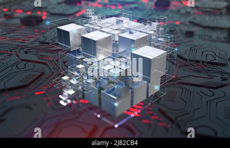 Cyberspace digitaler Technologien. Hypercube- und Blockchain-Konzept. Räumliches Portal kodierter Daten. 3D Abbildung eines kubischen Array-Nanotechs Stockfoto