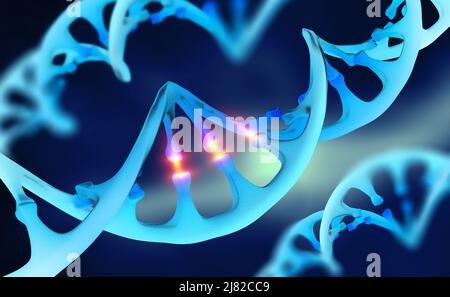 Cyber DNA, Untersuchung genetischer Ketten. 3D Darstellung zukünftiger Technologien. Kybernetik und Verbesserung des menschlichen Genoms Stockfoto