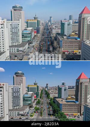 (220512) -- CHANGCHUN, 12. Mai 2022 (Xinhua) -- Combo-Foto zeigt eine Luftaufnahme einer Allee in Changchun, nordöstlich der Provinz Jilin, am 24. März 2022 (Foto veröffentlicht von Xinhua) und am 12. Mai 2022 (Foto aufgenommen von Zhang Nan). Die nordöstliche Provinz Jilin, in der beim jüngsten Ausbruch über 60.000 Fälle gemeldet wurden, Schnitt bis April 14 alle COVID-19-Übertragungsketten in Gemeinden ab. Die Provinzhauptstadt Changchun gab am 1. Mai bekannt, dass sie alle mittel- und hochgefährdeten Gebiete für COVID-19 freigegeben hat. Das Leben in der Stadt normalisiert sich und die Wiederaufnahme der Produktion ist akcel Stockfoto