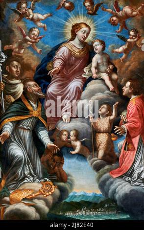 Madonna col Bambino in gloria con S. Geminiano,S. Bernardo da Chiaravalle, S. Giovannino e S. Stefano - olio su tela - pittore del XVII secolo - Pontr Stockfoto