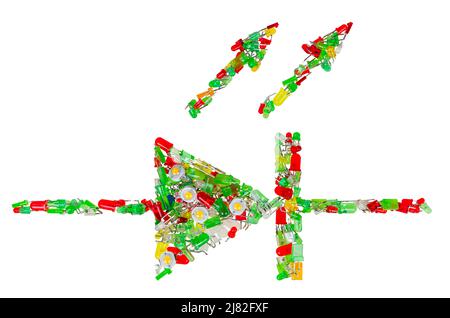 LED-Diode elektronisches Symbol zu Schaltplan isoliert auf weißem Hintergrund. Farblich abbildliches schematisches Symbol von Halbleiter-Leuchtdioden. Stockfoto