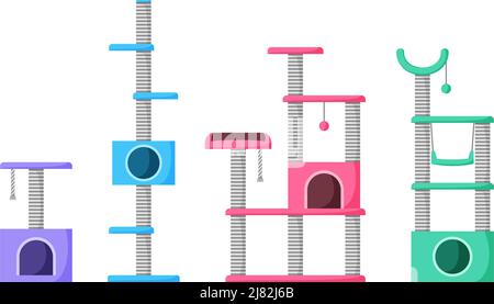 Katzenbäume und Kratzpfosten sind gesetzt. Katzenspielplatz mit Klauenspitzer. Haustierturm mit Seilpfosten. Verbrauchsmaterialien und Zubehör für Haustiere. Flach Stock Vektor