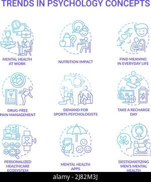 Trends in der Psychologie blaue Gradientenkonzept-Symbole gesetzt Stock Vektor