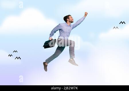 Collage Foto Illustration auf trendy gemalten Himmel Linie Hintergrund Business Person Aufstieg Aspiration Marketing Verfahren Konzept Stockfoto