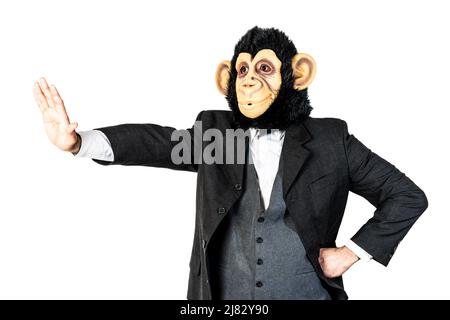 Affenmann macht Stop-Geste mit einem ausgestreckten Arm Stockfoto