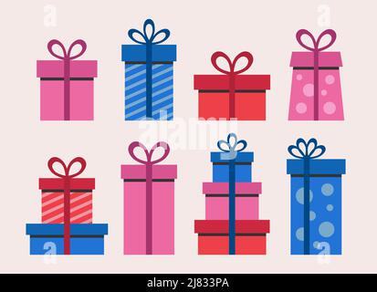 Überraschungs-Geschenkbox-Kollektion mit Schleifen und Bändern. Vektorgrafik. Stock Vektor