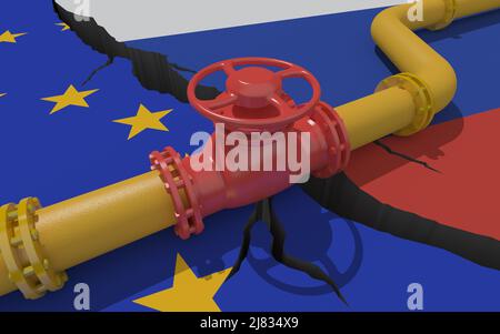 Kraftstoffgasleitung mit Ventil auf dem Hintergrund der Flaggen der Europäischen Union und Russlands. Wirtschaftssanktionen der EU. Energieembargo. Ölimport Export Fr. Stockfoto