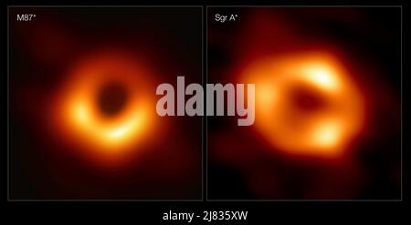 Diese Tafeln zeigen die ersten beiden Bilder, die jemals von schwarzen Löchern aufgenommen wurden. Links ist M87*, das supermassereiche Schwarze Loch im Zentrum der Galaxie Messier 87 (M87), 55 Millionen Lichtjahre entfernt. Rechts ist Schütze A* (Sgr A*), das schwarze Loch im Zentrum unserer Milchstraße. Die beiden Bilder zeigen die schwarzen Löcher so, wie sie am Himmel erscheinen würden, wobei ihre hellen Ringe ungefähr die gleiche Größe haben, obwohl M87* etwa tausendmal größer als Sgr A* ist. Die Bilder wurden vom Event Horizon Telescope (EHT), einem globalen Netzwerk von Radioteleskopen, aufgenommen.Quelle: EHT Collaboration Stockfoto