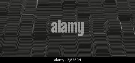 Monochrome Schalllinie Wellen abstrakten Hintergrund . Verzerrte Linienformen auf schwarzem Hintergrund. Stock Vektor