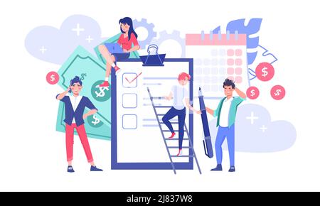 Kleine Leute, die Ausgaben überprüfen, flache Vektordarstellung Stock Vektor