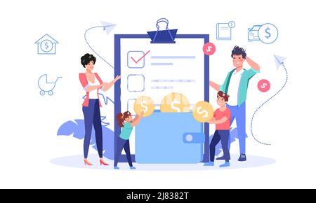 Familie winzig Menschen Planung Budget flach Vektor Stock Vektor