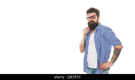 Serious brutal bärtigen Mann halten Partei Zubehör isoliert auf weißem Hintergrund mit Kopieplatz Stockfoto