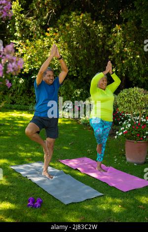 Lächelnder älterer Biracial-Mann mit Frau, der auf Yogamatten gegen Pflanzen im Hof die Baumhaltung übt Stockfoto