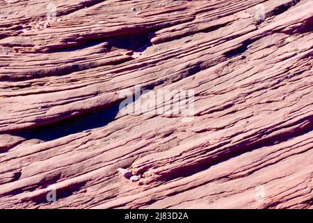 Nahaufnahme der feinen Schichten der roten Sandsteinklippen nördlich der Stadt Arbroath an der Ostküste Schottlands. Stockfoto