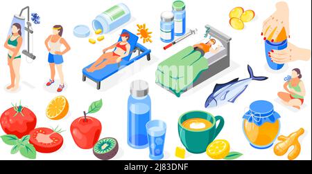 Stärkung der Immunität isometrische Recolor Symbol mit Härten richtige Ernährung unter Vitaminen Sport und Erhöhung der Immunität Vektor Illustration Stock Vektor